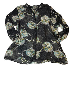 Citron Santa Monica Black Floral Sheer Boho Flowy Silk Blouse Shirt Size 3X